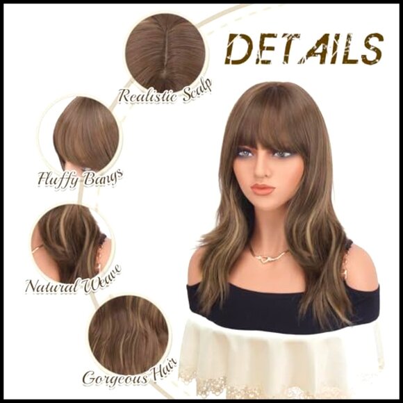 Synthetic Heat Resistant Wavy Wig with Bangs Medium Length Elegant Party Wear main image 4